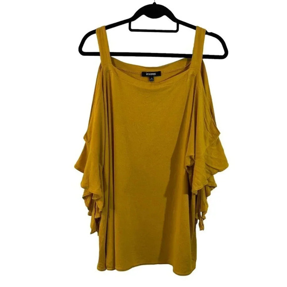 Ups & Downs Yellow Blouse Plus Size 2X Cold Shoulder Short Sleeves Jersey Knit - Picture 2 of 4